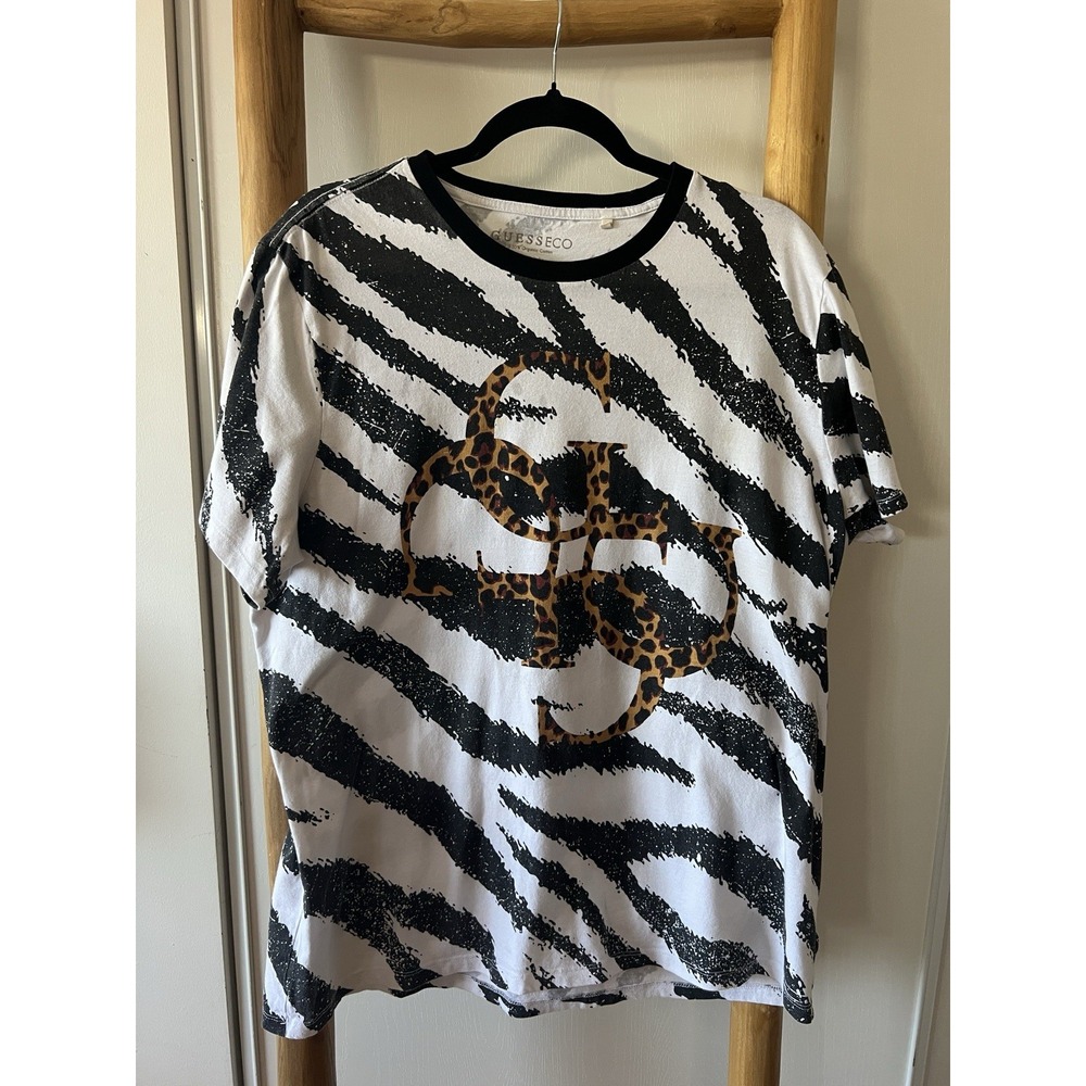 GUESS ECO Men's 2XL White/Black Short Sleeve Crew Neck Animal Print Logo Tee